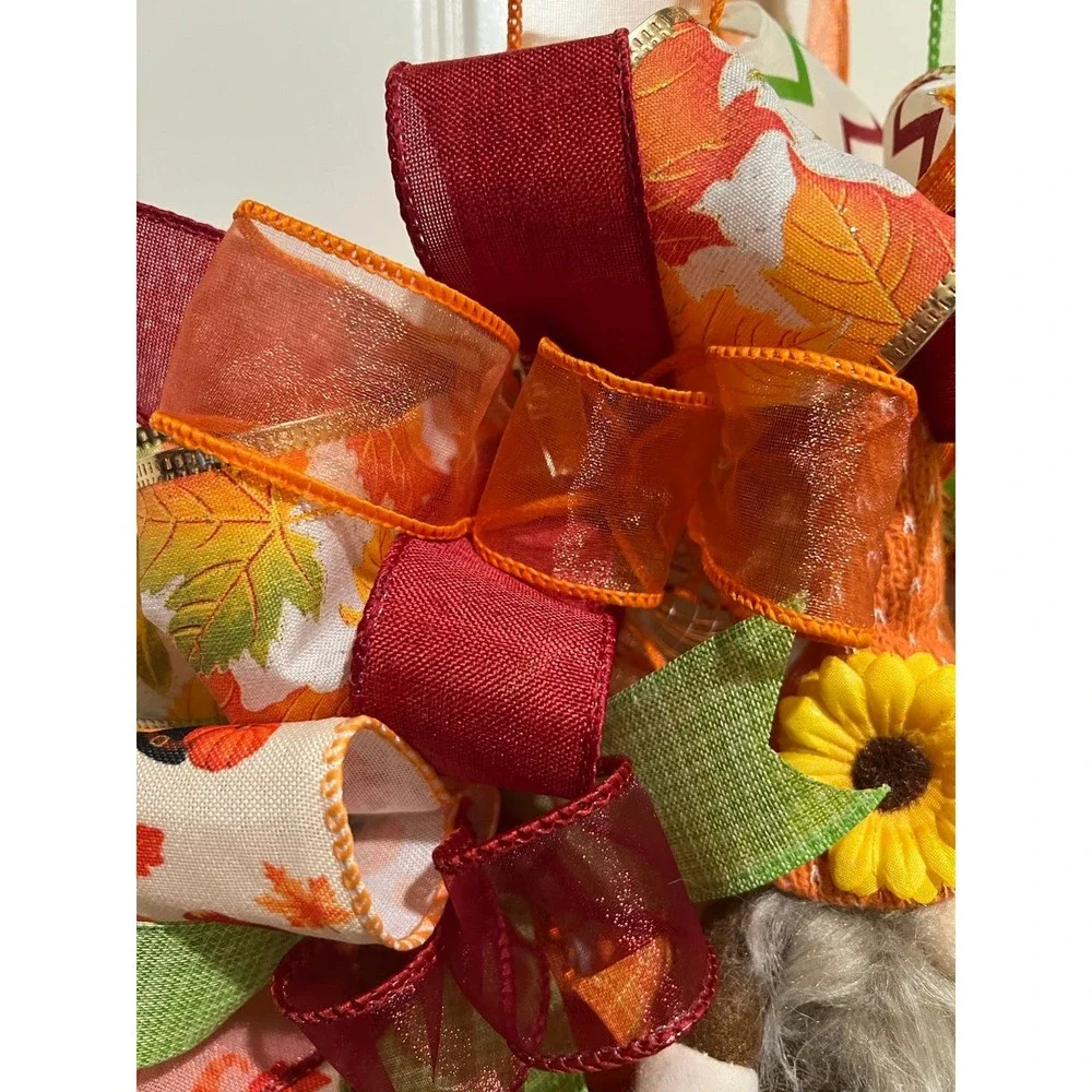 13 inch Ribbon Wreath Fall Autumn Thanksgiving Gnome MW6